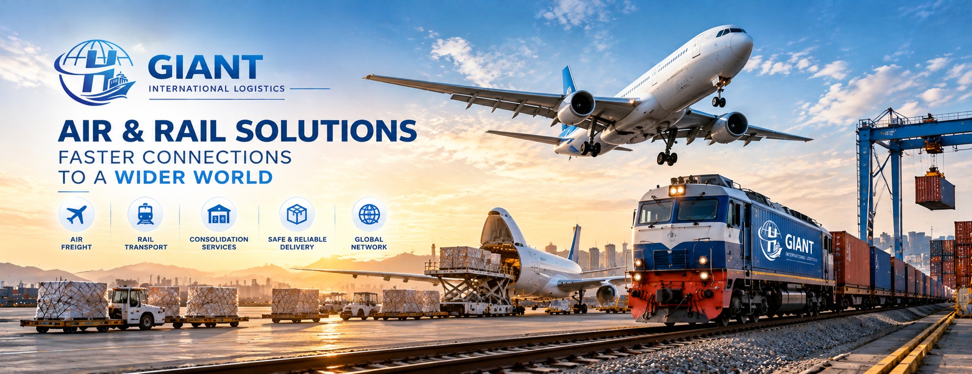 Air Freight & Rail Freight Services from China | Giant Logistics Air cargo aircraft and container freight train representing international air freight and railway transportation services from China.