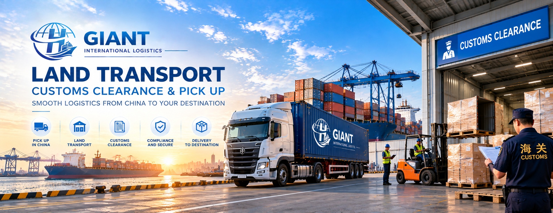 Cargo Pickup, Inland Trucking & Customs Clearance in China Container truck, warehouse cargo handling and customs inspection representing cargo pickup, inland transportation and export customs clearance in China.